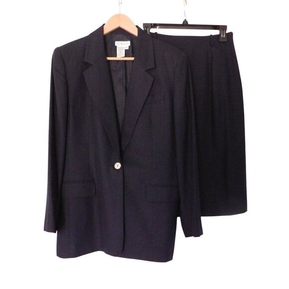 Vintage Talbots Womens Linen Blend Two Piece Skirt Blazer Outfit Sz 4 Navy Blue - Picture 1 of 9
